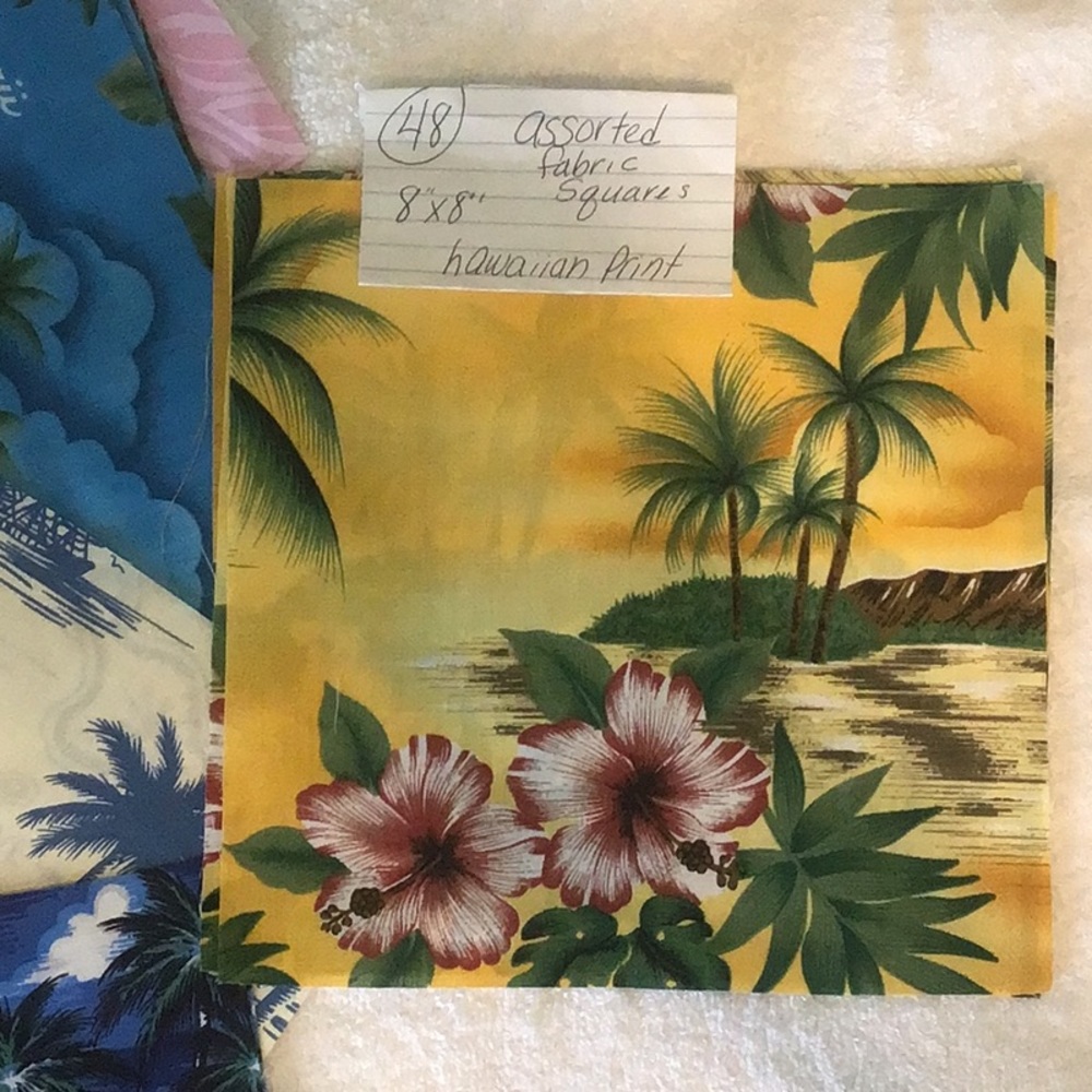Assorted Hawaiian fabric squares 8x8” Picture represents fabrics included. New